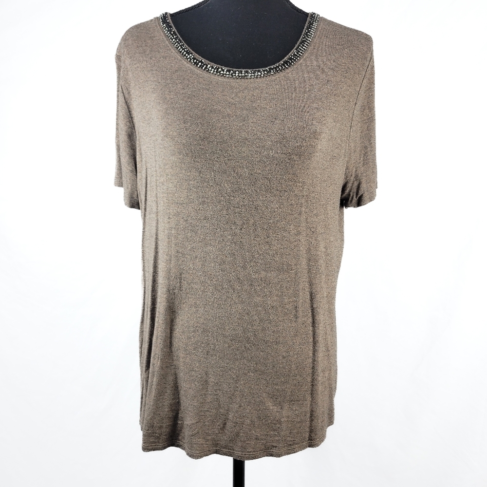 🔥 (5for$35) APT 9 Beige Rhinestone Crewneck short Sleeve Tee Blouse Size large